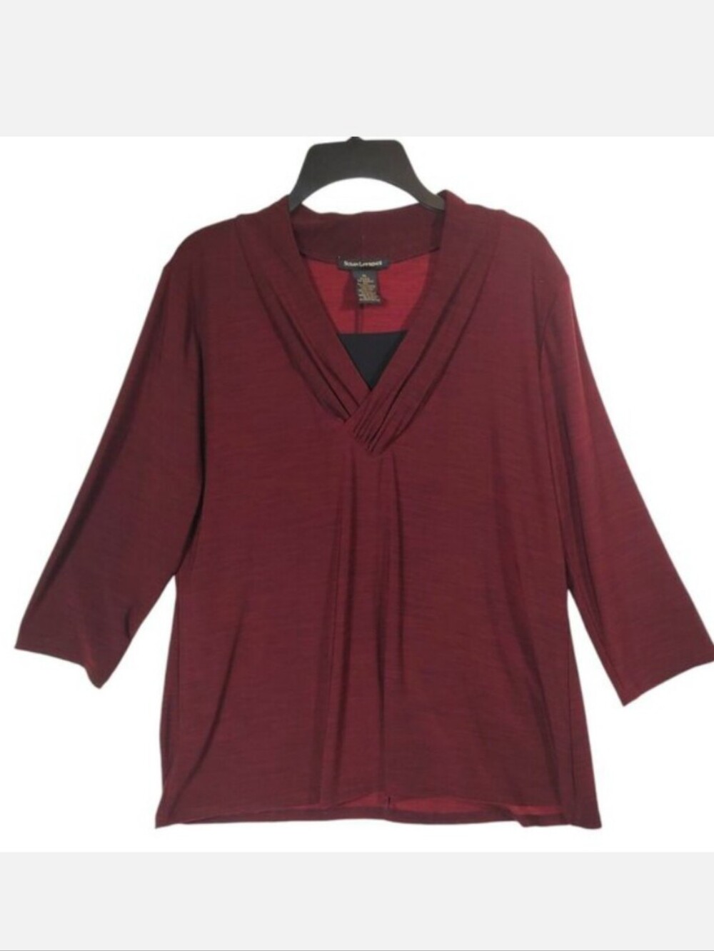 Susan Lawrence 3/4 Sleeve V Neck Blouse Size XL Red Black Modest Neckline